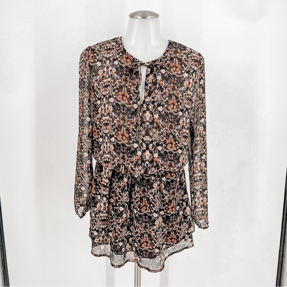 Veronica M. Smocked Ruffle Dress Black Brown Floral Tie Neck Long Sleeve